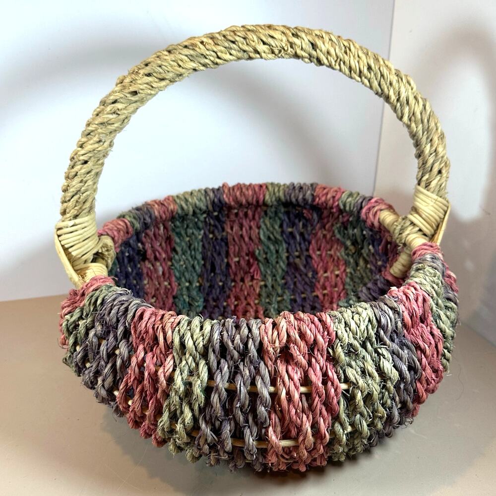Vintage Large 12" Woven Butt Basket Gathering Egg Buttocks Pink Purple Easter